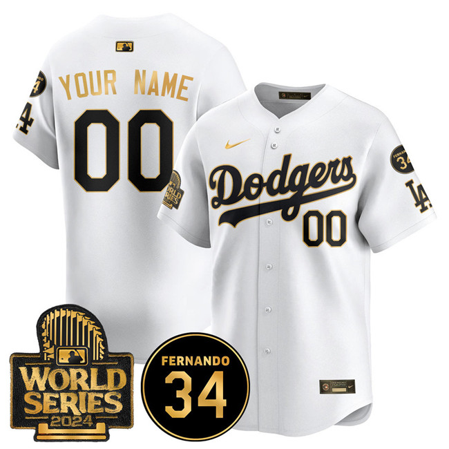 Men's Los Angeles Dodgers Active Player Custom White Gold 2024 World Series With Fernando Valenzuela Memorial Patch Home Limited Stitched Baseball Jersey Men's Los Angeles Dodgers Active Player Custom White Gold 2024 World Series With Fernando Valenzuela Memorial Patch Home Limited Stitched Baseball Jersey